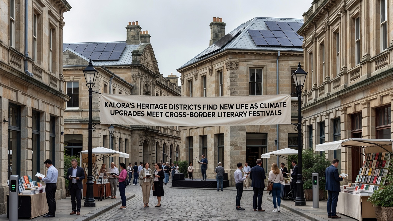 Outdoor literary festival setup in a Kalora heritage square with attendees gathered near restored buildings featuring climate-adaptive features