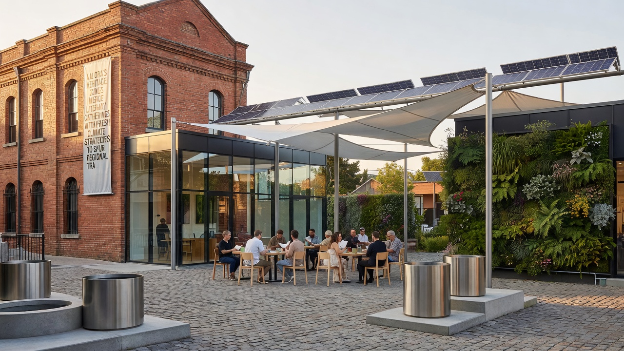Participants at a merged literary and climate event inside a restored Kalora warehouse